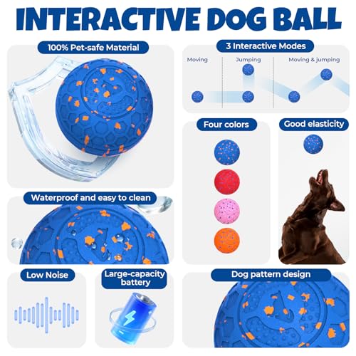 Fsitego Smart Interactive Dog Toy Ball – Automatic Moving, Bouncing & Rolling, 3 Modes, Chew-Proof E-TPU Shell, Waterproof, Rechargeable, for Medium and Large Dogs, Light Blue