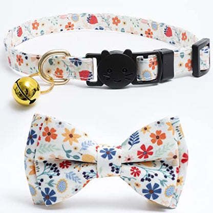 Faygarsle 2 Pack Cotton Designer Breakaway Cats Collar with Bow Tie and Bell Cat Collars for Girl Female Cat Collar with Bell Collars for Cats Flower Pattern - color: Flower