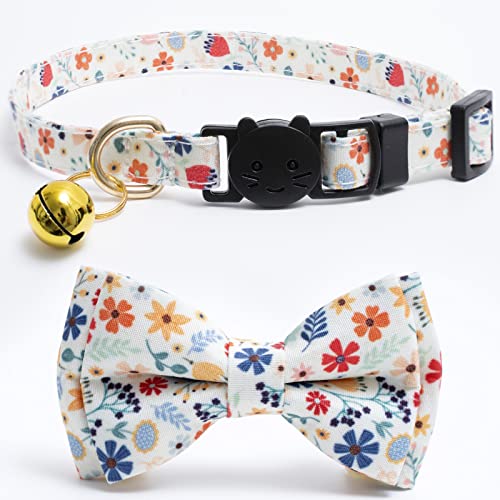 Faygarsle 2 Pack Cotton Designer Breakaway Cats Collar with Bow Tie and Bell Cat Collars for Girl Female Cat Collar with Bell Collars for Cats Flower Pattern - color: Flower