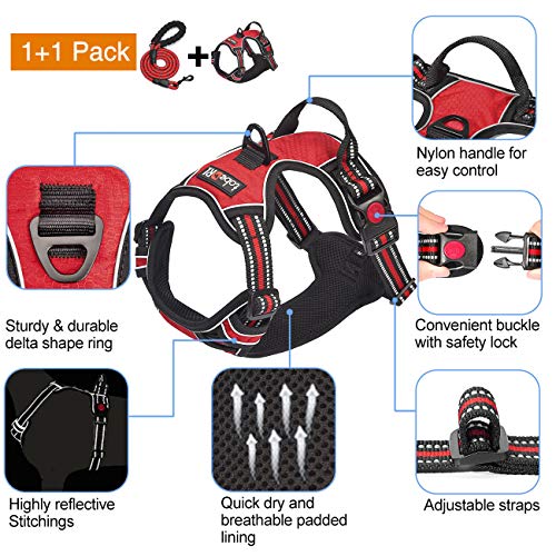 tobeDRI No Pull Dog Harness Adjustable Reflective Oxford Easy Control Medium Large Dog Harness with A Free Heavy Duty 5ft Dog Leash - color: Red Harness+Leash, size: Medium