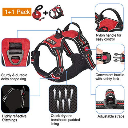 tobeDRI No Pull Dog Harness Adjustable Reflective Oxford Easy Control Medium Large Dog Harness with A Free Heavy Duty 5ft Dog Leash - color: Red Harness+Leash, size: Medium