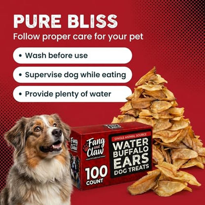 100 Count Water Buffalo Ears for Dogs, Bulk Pack, Jumbo 5-Inch - Pig Ear & Rawhide Alternative, Single-Ingredient Grass-Fed Long-Lasting Natural Dog Chews for Aggressive Chewers - style: 100 Count