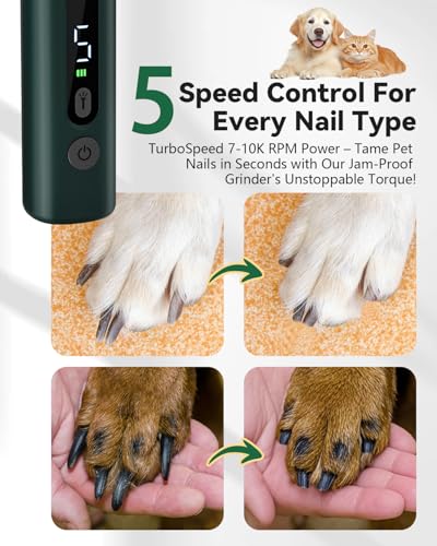 weini Dog Nail Grinder with Sponge Dust Collection, Ultra Quiet <35dB Pet Nail Trimmer for Large Dogs & Cats, Professional 5-Speed Electric Dog Nail Grinder Quiet, 7H Runtime, Green