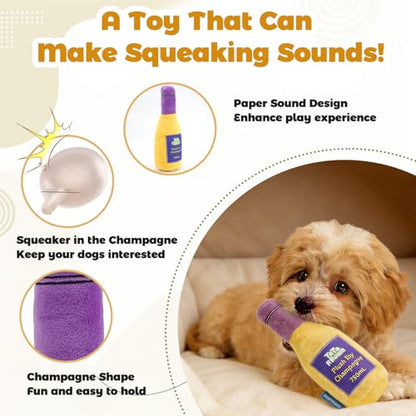 Champagne Bottle Squeaky Crinkle Dog Toy - Interactive Plush Chew Toys for Puppy Teething, Small Dogs, Aggressive Chewers and Keeping Busy - color: Yellow - Champagne Bottle