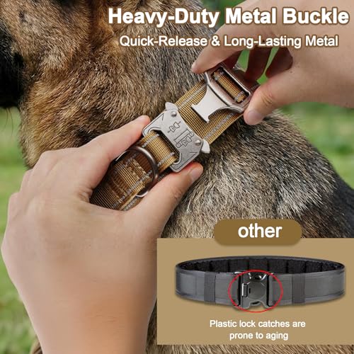 Heavy Duty Tactical Dog Collar and Leash Set, Military Training Nylon Reflective Collar with Handle Metal Buckle for Medium Large Dogs, Brown, L (1 Patch Included) - color: Reflective Collar Brown Set, size: L