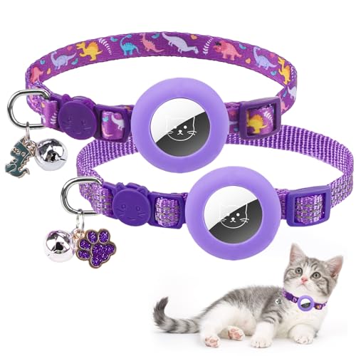PUPTECK Airtag Cat Collar Breakaway 2 Pack with Bells, Reflective Kitten Collar with Air Tag Holder for Boy Girl Kitty and Puppies, Soft, Purple - color: Purple(Dinosaur)