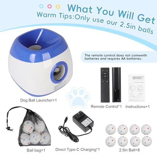 FAHKNS Automatic Ball Launcher for Large Dogs: 40/60/80FT Distance Dog Ball Thrower with Remote Control, 3 Adjustable Distances & Random Mode, 8 Pack 2.5" E-TPU Balls Included - size: 40-80FT for Large Dogs