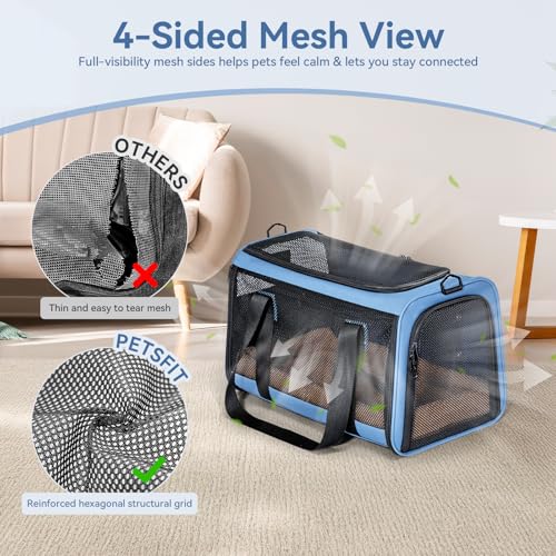 PETSFIT Soft-Sided Cat Carrier with Patented Safety Buckles, Lockable Zippers & Safety Tether,Escape-Resistant Travel Pet Carrier for Car Rides & Vet Visits, Airline Approved Under-Seat, Up to 12 lbs - color: Blue, size: Medium