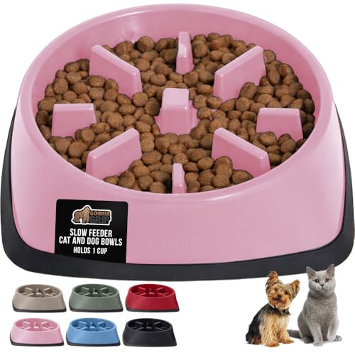 GORILLA GRIP® Patented BPA Free Slow Feeder Dog Bowls, Interactive Puzzle Toy for Dogs and Cats Food Training Enrichment, Keeps Pets Busy and Prevents Puppy Overeating, Small Breeds, 1 Cup, Pink - color: Pink, size: 1 Cup