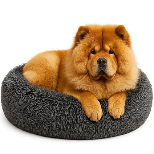 Calming Dog Bed - Fluffy Donut Cuddler for Anxiety Relief, Orthopedic Pet Bed with Non-Slip Bottom, Cozy Round Faux Fur Nest for Dogs and Cats, Plush Crate Mat for Comfort (Dark Grey, Large) - color: Dark Grey, size: Large