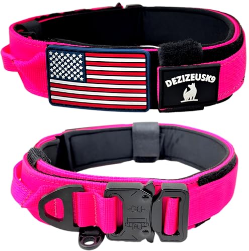 Tactical Dog Collar with Handle, American Flag Patch, 1.5 Inch Wide Thick Heavy Duty Nylon, Quick Release Metal Buckle, Customizable Name Plate, Ideal Dog Collars for Medium to Large Breeds K9 Harness - color: PINK 18-24 inch, size: adjustable 18-24 inche