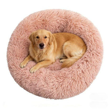 Calming Donut Dog Beds Large Sized Dog - Washable Removable Cover Non-Slip, Round Pet Bed Warming Fluffy Plush Faux Fur Anti-Anxiety Thick Cushion, Fits up to 80 lbs (Blush, 36") - color: Blush, size: 36"L x 36"W x 8"Th