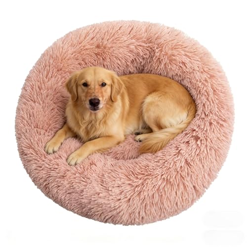 Calming Donut Dog Beds Large Sized Dog - Washable Removable Cover Non-Slip, Round Pet Bed Warming Fluffy Plush Faux Fur Anti-Anxiety Thick Cushion, Fits up to 80 lbs (Blush, 36") - color: Blush, size: 36"L x 36"W x 8"Th