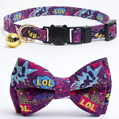 Faygarsle 2 Pack Cotton Designer Breakaway Cats Collar with Bow Tie and Bell Graffiti Style Cat Collars for Girl Female Boy Male Cat Collar with Bell Collars for Cats Purple Yellow - color: Purple&Yellow