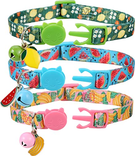 BoomBone 3 Pack Cat Collar with Bell and Cute Fruit Pendants, Breakaway Summer Kitten Collars