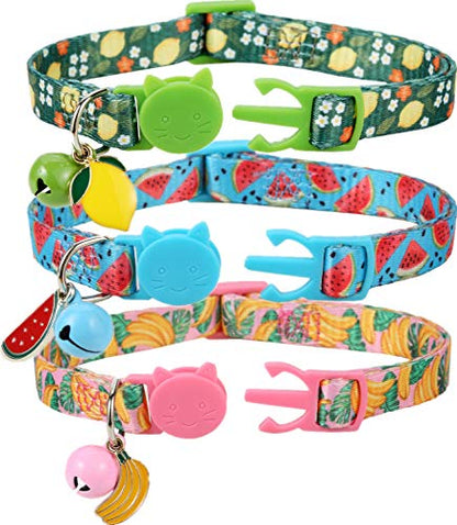 BoomBone 3 Pack Cat Collar with Bell and Cute Fruit Pendants, Breakaway Summer Kitten Collars