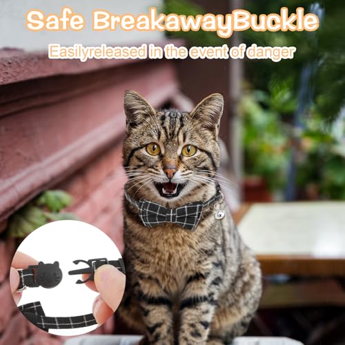 Jeffdad 2Pcs Cat Collar Breakaway, Cat Collar with Bells Bowtie Plaid Cat Collar Adjustable for Kitten Puppy and Small Pets (Black and Gray Plaid) - color: Black and gray plaid