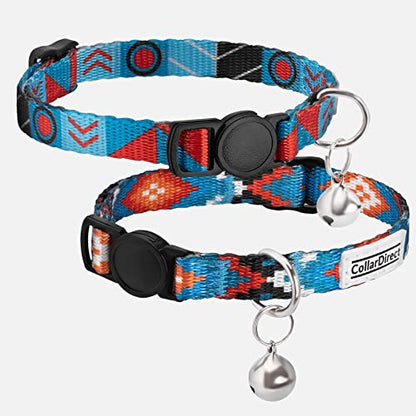 CollarDirect Cat Collar Breakaway with Removable Bell Set of 2 PCS - color: Blue Ethnic & Aztec