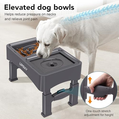 UPSKY 2-in-1 Elevated Dog Bowls Slow Feeder, 4 Height Adjustable Raised Bowl Stand, No Spill Dog Water Bowls, Anti-Slip Food and Water Bowls for Small Medium Dogs(Not Include Stainless Steel Bowl) - color: A-Water Bowl+Slow Feeder (Grey)