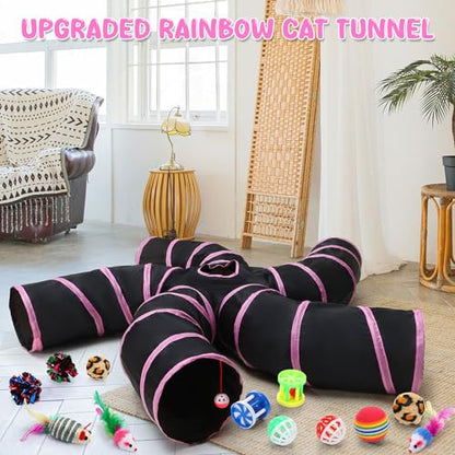 Poen 21 Pcs Cat Tunnel for Indoor Set Collapsible 5 Way Tubes with 20 Pcs Cat Kitten Toys Interactive Feather Toy Mouse Crinkle Balls Tube for Puppy Kitten Rabbit(Pink Black) - color: Pink Black