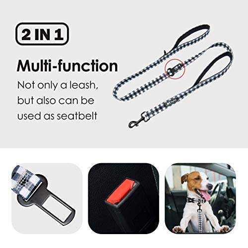 PoyPet 5 Feet Dog Leash - 2 Cushioned Handles - Functional Car Seat Belt (Grid, L) - color: Grid