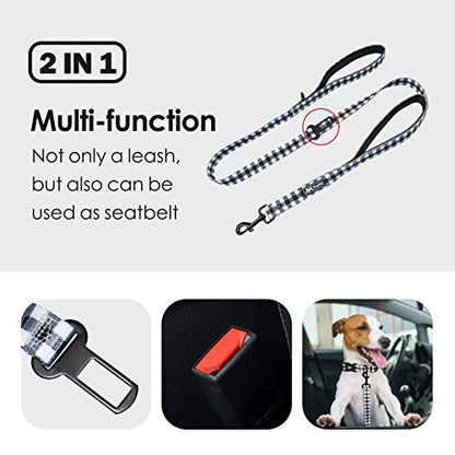 PoyPet 5 Feet Dog Leash - 2 Cushioned Handles - Functional Car Seat Belt (Grid, L) - color: Grid