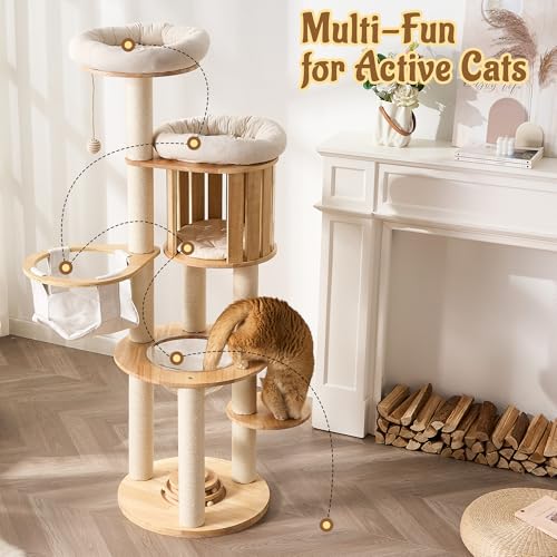 Modern Cat Tree Tower with Scratching Post, 61.5in Tall Cat Tree for Indoor Cats, Multi-Level Solid Wood Cat Furniture with Cozy Cat Beds, Condo, Hammock, Capsule Nest, Turntable Toy, Natural - color: 61.5"-V-Natural