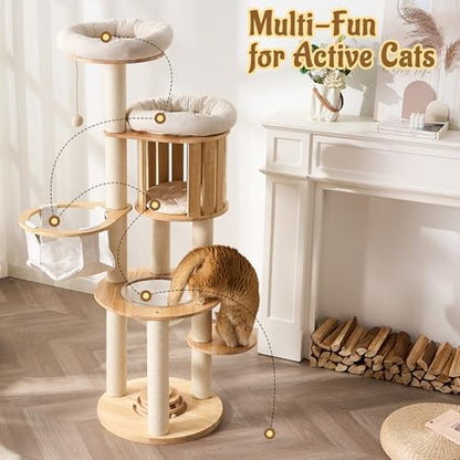 Modern Cat Tree Tower with Scratching Post, 61.5in Tall Cat Tree for Indoor Cats, Multi-Level Solid Wood Cat Furniture with Cozy Cat Beds, Condo, Hammock, Capsule Nest, Turntable Toy, Natural - color: 61.5"-V-Natural