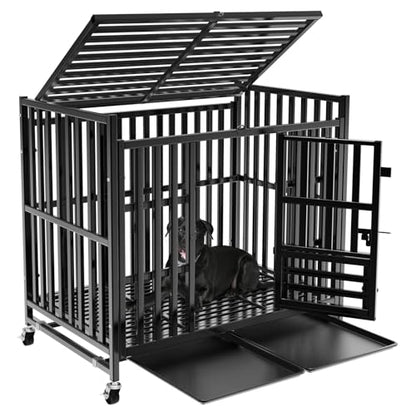 48/43/42Inch Heavy Duty Indestructible Dog Crate for Large Dogs,Escape-Proof Steel Kennel for Large Dogs,3Door Design with 4Lockable Wheels,Extra Large XXL Dog Cage with 2Removable Tray (42) - size: 42