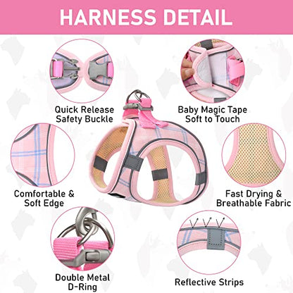 Small Dog Harness Collar and Leash Set, Step in No Chock No Pull Soft Mesh Adjustable Dog Vest Harnesses Plaid Reflective for Dogs Puppy Cats Kitten Rabbit (Pink, XXXS) - color: Pink, size: XXXS