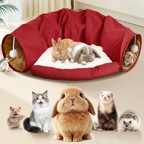 Spardar Bunny Tunnel Bed, 2-in-1 Collapsible Tunnel Tubes Toys, Washable, with Removable Mat Hideout, Interactive Toys for Rabbits Chinchilla Hedgehog Guinea Pigs Kitty, Red - color: Red