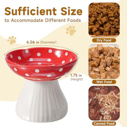 Mushroom Cat Bowl,Whisker Fatigue Cat Bowl,Cute Cat Bowls,Elevated Cat Food Bowl, Lead & Cadmium Free Ceramic Cat Bowls for Food and Water. (Red) - color: Red