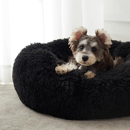 WESTERN HOME WH Calming Anti-Anxiety Donut Dog & Cat Bed, Warming Cozy Soft Round Cushion, Fluffy Faux Fur Plush Cuddler for Small Medium Dogs and Cats - color: Black, size: 27.0"L x 27.0"W x 8.0"Th