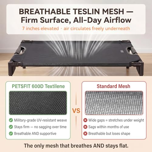 Petsfit Elevated Dog Bed for Large Dogs – Patented Anti-Sag Tension Bar, Cooling Raised Dog Cot for Outdoor/Camping/Indoor, Teslin Mesh, Non-Slip Frame, 42" - size: M-42"