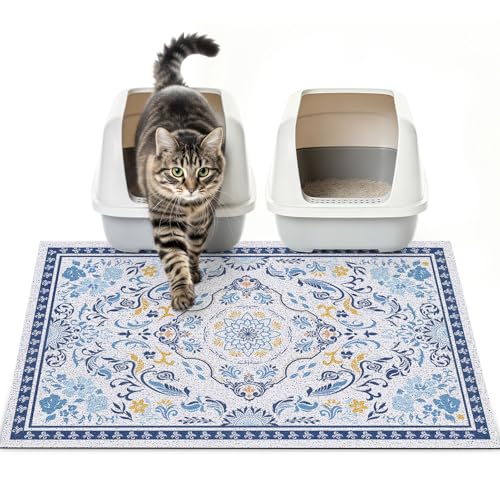 Cat Litter Mat Trapping Rug 33"x22", Large Litter Box Mat for Floor, Non-Slip Waterproof Backing, Soft Mesh Easy to Clean Pet Mat for Cat, Blue Yellow - color: Blue& Yellow, size: 33"X22"