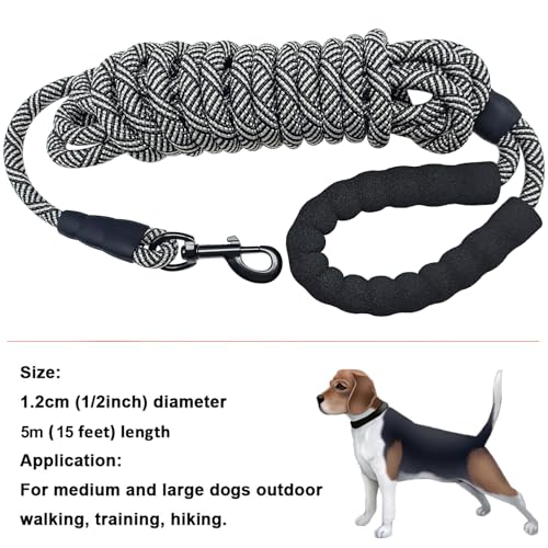 Heavy Duty Rope Dog Leash, 3/4/5/6/7/8/10/12/15/20/30 FT Long Dog Lead Nylon Pet Leash, Soft Padded Handle Thick Lead Training Leashes for Large Medium Dogs (15ft * 1/2", Black) - color: black, size: 1/2" * 15'