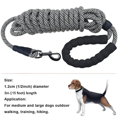 Heavy Duty Rope Dog Leash, 3/4/5/6/7/8/10/12/15/20/30 FT Long Dog Lead Nylon Pet Leash, Soft Padded Handle Thick Lead Training Leashes for Large Medium Dogs (15ft * 1/2", Black) - color: black, size: 1/2" * 15'