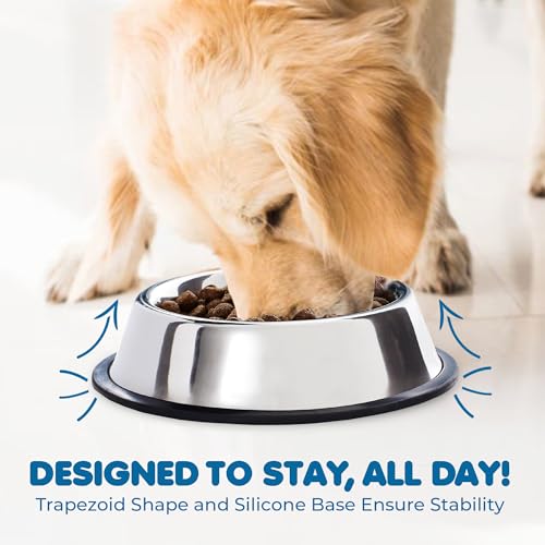SunGrow No Spill Feeding Bowl for Dogs and Cats, 64 Oz Jumbo Stainless Steel Vessel with Anti-Skid Non-Slip Rubber Base, Rust Resistant