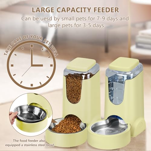 HWONMTE Portable Automatic Cat Feeder and Water Dispenser with Stainless Steel Bowl Dog Gravity Food Feeder and Waterer for Small Medium Pets Puppy Kitten 1 Gallon x 2 (Cream Yellow) - color: Cream Yellow