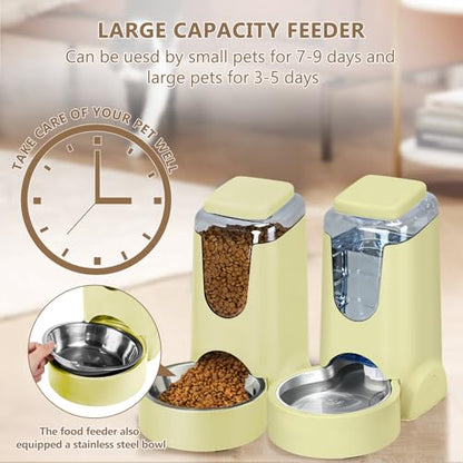 HWONMTE Portable Automatic Cat Feeder and Water Dispenser with Stainless Steel Bowl Dog Gravity Food Feeder and Waterer for Small Medium Pets Puppy Kitten 1 Gallon x 2 (Cream Yellow) - color: Cream Yellow