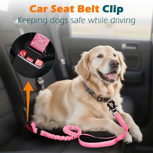 Heavy Duty Tactical Dog Leash, 5 FT Bungee Shock Absorption Leash with 2 Padded Handles, Quick Release Metal Clip, Car Seatbelt, No Pull Training Lead for Large Medium Dogs（Pink） - color: Pink