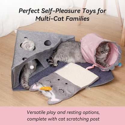 Cat Tunnel for Indoor Cats Peekaboo, 2-in-1 Interactive Cat Enrichment with Ball Toys, Large Felt Mat, Scratch Resistant Cats Activity Play Mats for Multiple Kittens, Dogs【Pink】