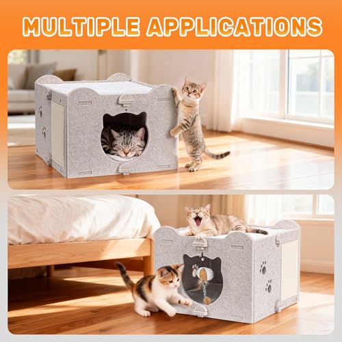 Yesday Detachable Felt Cat Bed Condo Shelter House for Indoor Use, Durable and Warm Flannel, Cozy Shelter with Built-in Scratching Board and Bonus Cat Toys (Camel) - color: Camel