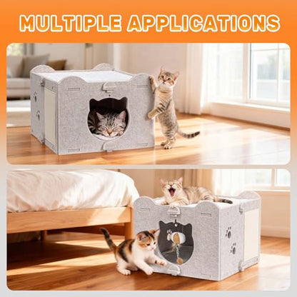 Yesday Detachable Felt Cat Bed Condo Shelter House for Indoor Use, Durable and Warm Flannel, Cozy Shelter with Built-in Scratching Board and Bonus Cat Toys (Camel) - color: Camel