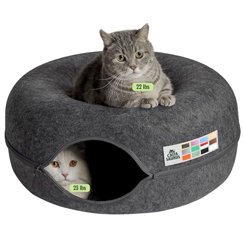 Cattasaurus Peekaboo Cat Cave for Multiple & Large Cats Up to 30-45 Lbs, Scratch Detachable & Washable Tunnel Bed, Comfy Donut Cat Cave (Dark Gray, Large) - color: Dark Gray, size: Large