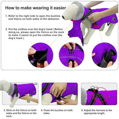 Dog Jacket Waterproof Dog Coat with Harness Built in, Christmas Puppy Winter Coat Reflective Turtleneck Puffer Snow Jackets for Small Medium Large Dogs - color: Purple, size: Small
