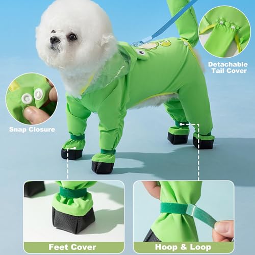 Junchl Small Dog Raincoat Rainboots with D-Ring, Full Coverage Dog Rain Jacket Slicker Poncho, Waterproof Dog Rain Jacket with Reflective Strip, Rainboot, Tail Cover Frog S - color: Frog, size: S:Back 10"(3-5lb)