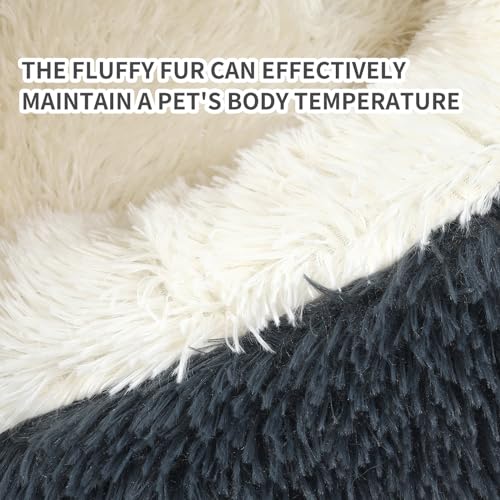 Dog Bed Round Hooded Plush Cat Cave Self Warming Pet Bed Donut Anti Anxiety Fluffy Pet Bed for Puppy and Kitty - color: Dark grey, size: Large 27.5''