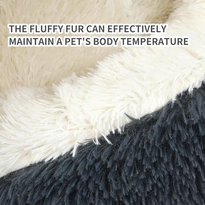Dog Bed Round Hooded Plush Cat Cave Self Warming Pet Bed Donut Anti Anxiety Fluffy Pet Bed for Puppy and Kitty - color: Dark grey, size: Large 27.5''