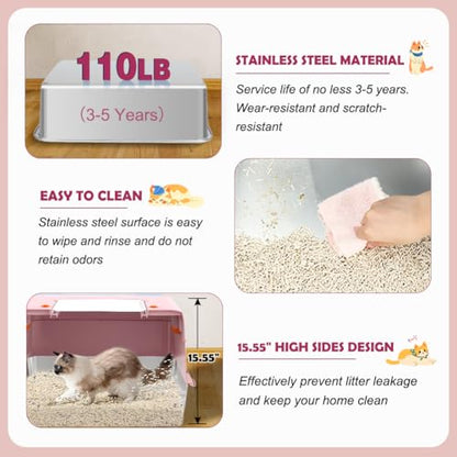 Vivifying Pink Stainless Steel Covered Cat Litter Box – Odor-Control, Easy-Clean Modular Enclosed Kitty Toilet, Elegant Design for Stylish Cat Moms - color: Pink